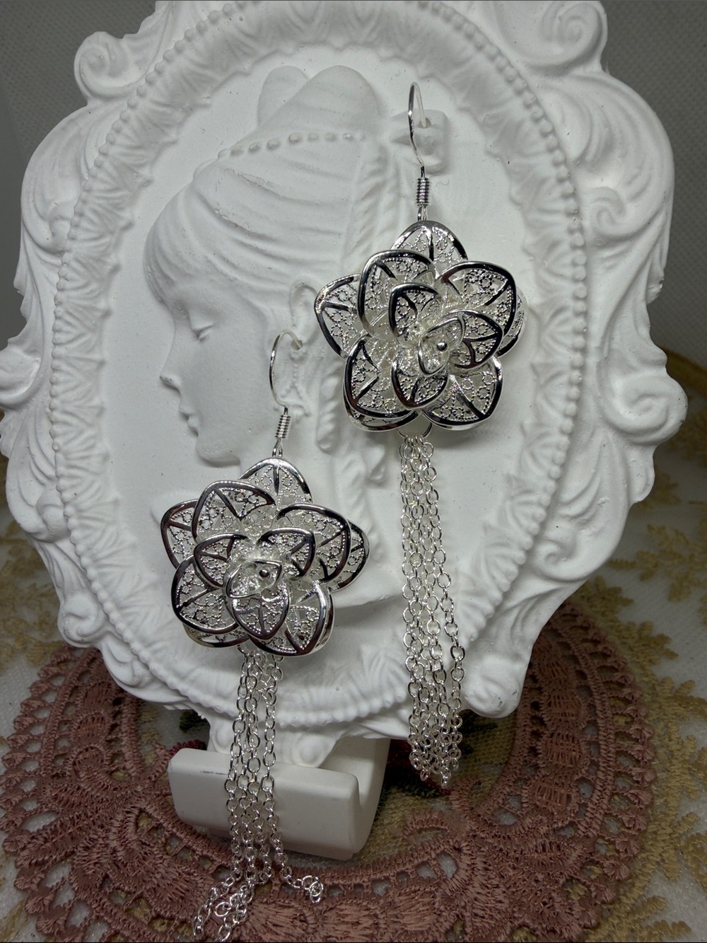 Oversized 925 Sterling Silver Filigree Flower Tassel Earrings Floral Romantic
